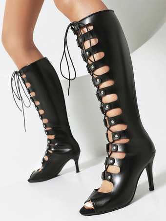ブラック レディース ニーハイブーツ ピートゥ カットアウト レースアップ ハイヒール サンダル ブーツ