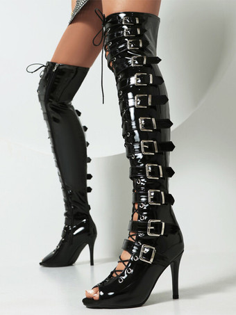 ブラック 黒のセクシーなサイハイブーツピープトウバックルデザインのレースアップハイヒールオーバーザニーブーツ
