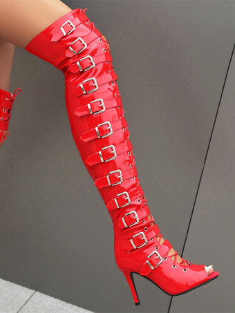 黒のセクシーなサイハイブーツピープトウバックルデザインのレースアップハイヒールオーバーザニーブーツ