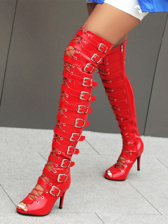 黒のセクシーなサイハイブーツピープトウバックルデザインのレースアップハイヒールオーバーザニーブーツ