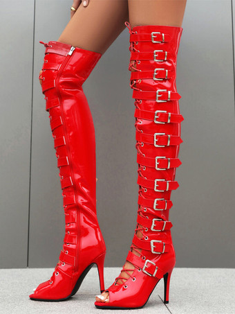 レッド 黒のセクシーなサイハイブーツピープトウバックルデザインのレースアップハイヒールオーバーザニーブーツ
