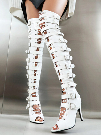 黒のセクシーなサイハイブーツピープトウバックルデザインのレースアップハイヒールオーバーザニーブーツ