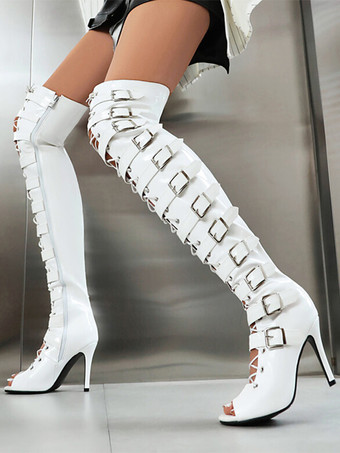 黒のセクシーなサイハイブーツピープトウバックルデザインのレースアップハイヒールオーバーザニーブーツ