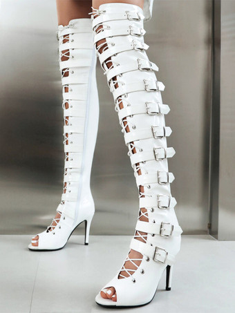 ホワイト 黒のセクシーなサイハイブーツピープトウバックルデザインのレースアップハイヒールオーバーザニーブーツ