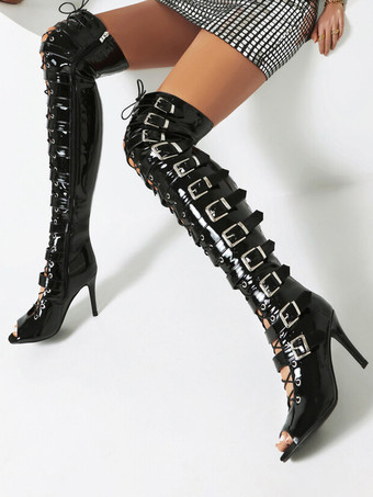 黒のセクシーなサイハイブーツピープトウバックルデザインのレースアップハイヒールオーバーザニーブーツ