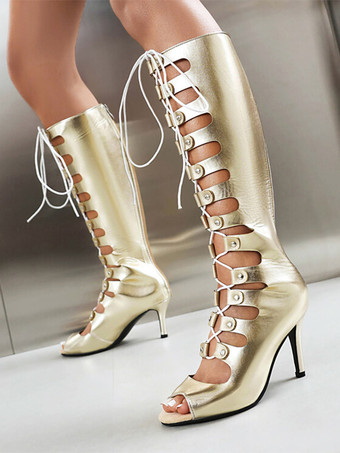 ライトゴールレディース ニーハイブーツ ピートゥ カットアウト レースアップ ハイヒール サンダル ブーツ