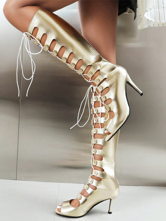 レディース ニーハイブーツ ピートゥ カットアウト レースアップ ハイヒール サンダル ブーツ