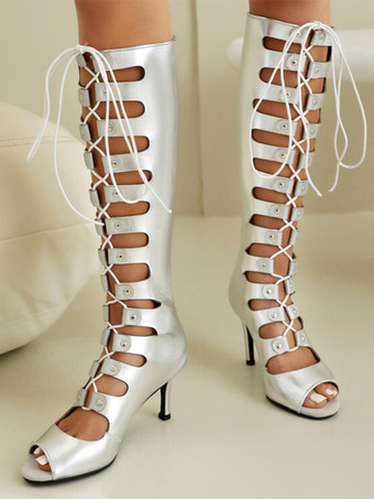 シルバー レディース ニーハイブーツ ピートゥ カットアウト レースアップ ハイヒール サンダル ブーツ