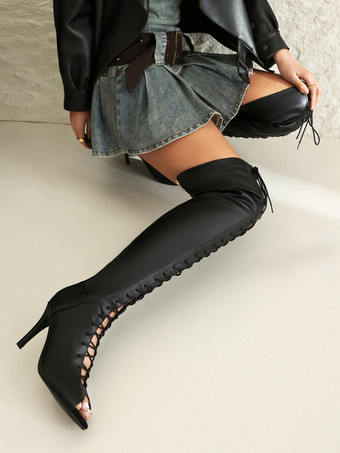 ブラックオーバーザニーブーツ女性ピープトウレースアップハイヒールサイハイブーツ