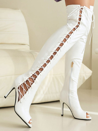 レッドセクシーなオーバーザニーブーツピープトゥレースアップハイヒールオーバーザニーサンダルブーツ