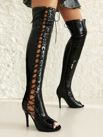 ブラック レッドセクシーなオーバーザニーブーツピープトゥレースアップハイヒールオーバーザニーサンダルブーツ