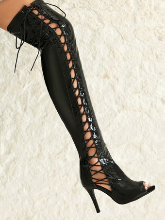 レッドセクシーなオーバーザニーブーツピープトゥレースアップハイヒールオーバーザニーサンダルブーツ