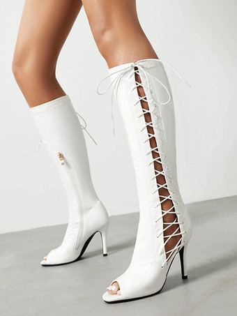 ホワイト レッドサンダルブーツニーハイピープトゥレースアップハイヒールブーツ