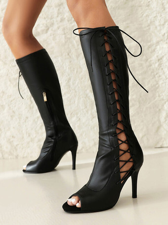 ブラック レッドサンダルブーツニーハイピープトゥレースアップハイヒールブーツ
