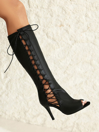 レッドサンダルブーツニーハイピープトゥレースアップハイヒールブーツ