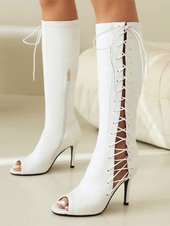 ホワイト ブラック ニーハイブーツ オープントゥ レースアップ ハイヒール サンダルブーツ