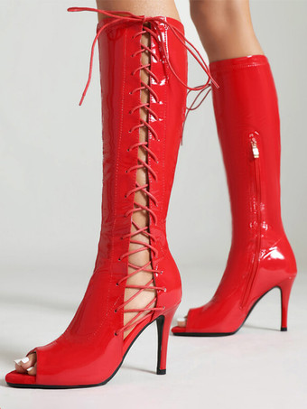 レッド ブラック ニーハイブーツ オープントゥ レースアップ ハイヒール サンダルブーツ