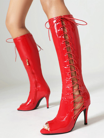 ブラック ニーハイブーツ オープントゥ レースアップ ハイヒール サンダルブーツ