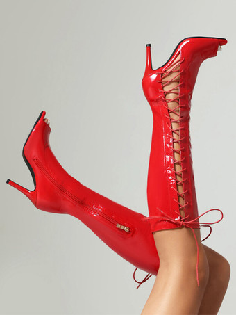 ブラック ニーハイブーツ オープントゥ レースアップ ハイヒール サンダルブーツ