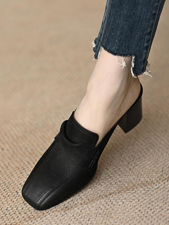 レディース ミュール ローファー チャンキーヒール スクエアトゥ バックレス ミュール