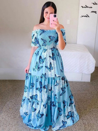 ライトスカイブルースモックドレス 花柄 オフショルダー ティアード カジュアル サマードレス