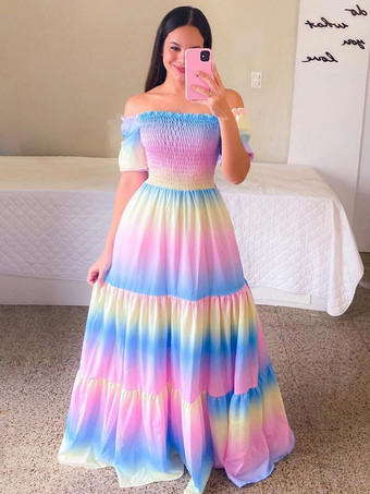 ベージュスモックドレス 花柄 オフショルダー ティアード カジュアル サマードレス