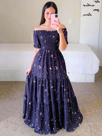 ディープブルースモックドレス 花柄 オフショルダー ティアード カジュアル サマードレス