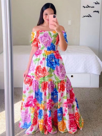 レッド スモックドレス 花柄 オフショルダー ティアード カジュアル サマードレス