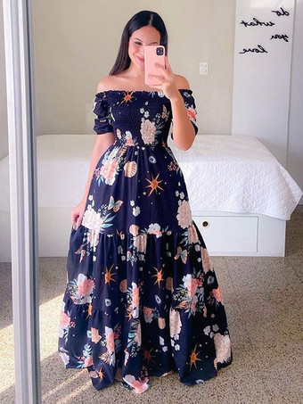ダークネイビースモックドレス 花柄 オフショルダー ティアード カジュアル サマードレス