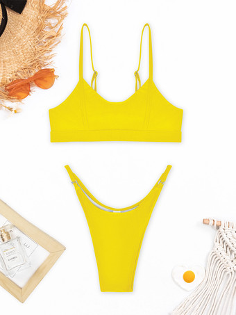 AmarilloTraje de baño bikini para mujer Botones azules Cintura elevada Trajes de baño sexy de verano