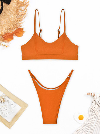 NaranjaTraje de baño bikini para mujer Botones azules Cintura elevada Trajes de baño sexy de verano