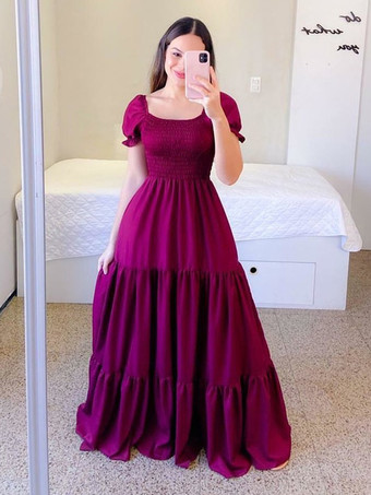 ワインレッド Aラインドレス スモック 半袖 ティアードフリル サマーマキシドレス