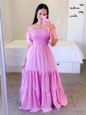 ラベンダーカラーAラインドレス スモック 半袖 ティアードフリル サマーマキシドレス