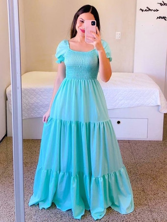 アクアグリーンAラインドレス スモック 半袖 ティアードフリル サマーマキシドレス