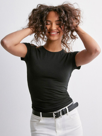 ブラック 半袖Tシャツ 無地 ラウンドネック 重ね着トップス レディース