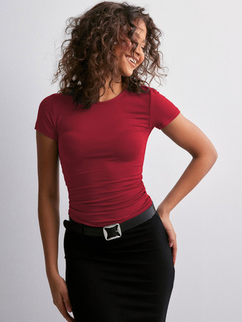 ワインレッド 半袖Tシャツ 無地 ラウンドネック 重ね着トップス レディース