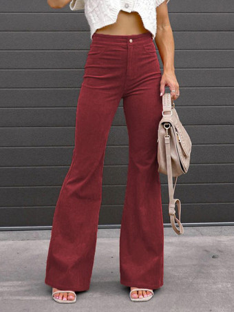 Color borgoñaPantalones vaqueros acampanados de cintura alta pantalones casuales hasta el suelo en color sólido