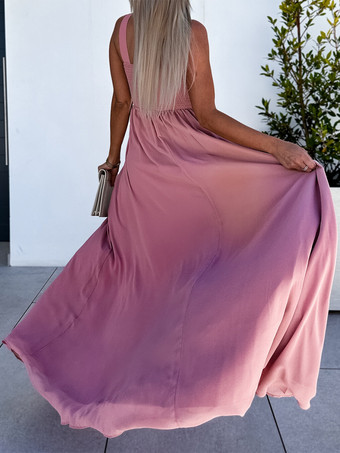 ロイヤルブルードレス Vネック プリーツ エンパイアウエスト ハイスリット プロム マキシドレス