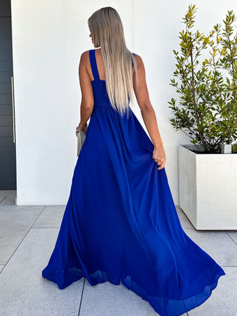 ロイヤルブルードレス Vネック プリーツ エンパイアウエスト ハイスリット プロム マキシドレス