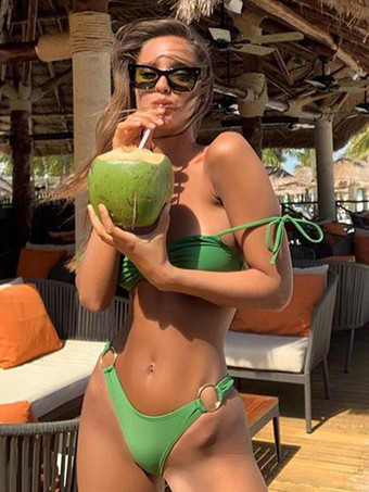 無地ビキニ スパゲッティストラップ リングディテール セクシー 2点セット