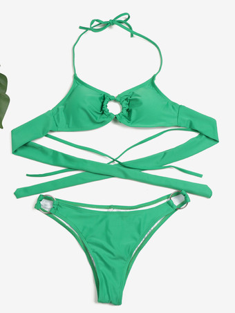 無地ビキニ スパゲッティストラップ リングディテール セクシー 2点セット