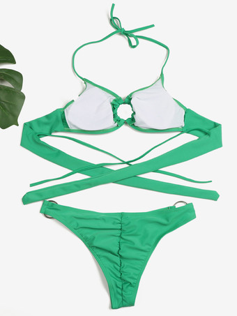 無地ビキニ スパゲッティストラップ リングディテール セクシー 2点セット