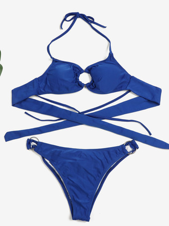 無地ビキニ スパゲッティストラップ リングディテール セクシー 2点セット