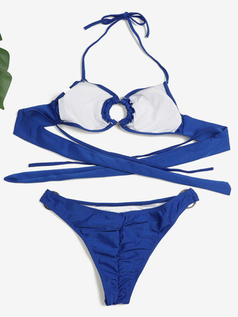 無地ビキニ スパゲッティストラップ リングディテール セクシー 2点セット