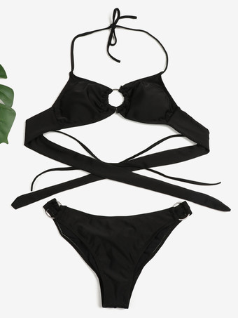 無地ビキニ スパゲッティストラップ リングディテール セクシー 2点セット