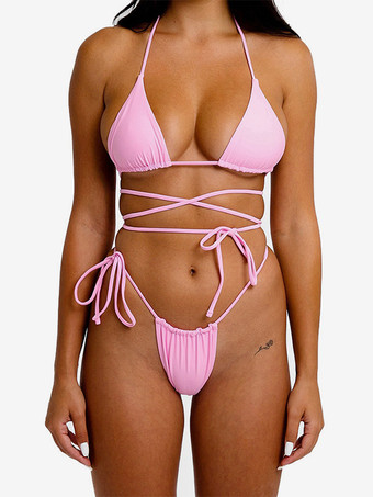 ピンク小さな三角ビキニ ホルター レースアップ 最もセクシーなカバー力 2点セット