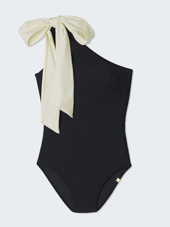 ワンショルダーワンピース水着 リボン飾り 背中開き アシンメトリー水着