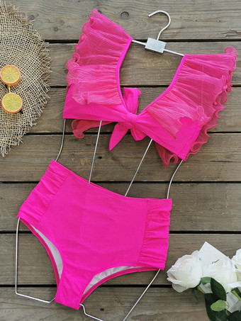 Bikinis mit Rüschen oben und breiter Seitenhose einfarbig