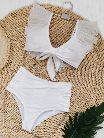 Bikinis mit Rüschen oben und breiter Seitenhose einfarbig