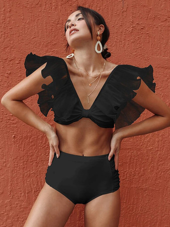 SchwarzBikinis mit Rüschen oben und breiter Seitenhose einfarbig